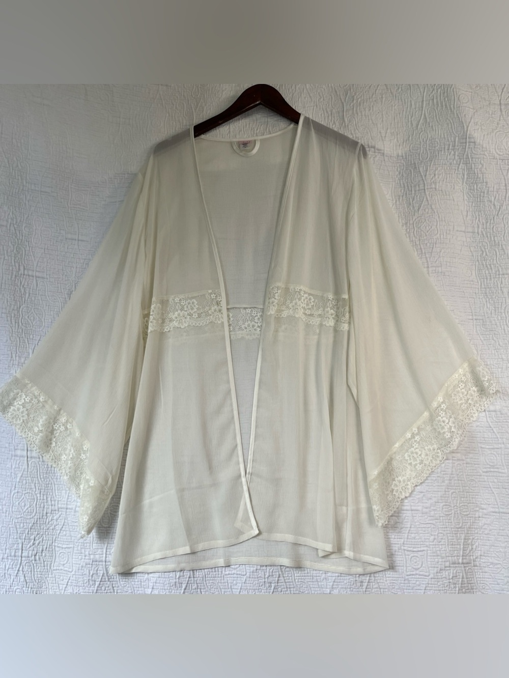 Jezebel Ivory Chiffon Lace Trim Robe Kimono Sheer Bridal Loungewear OV 1601 S M